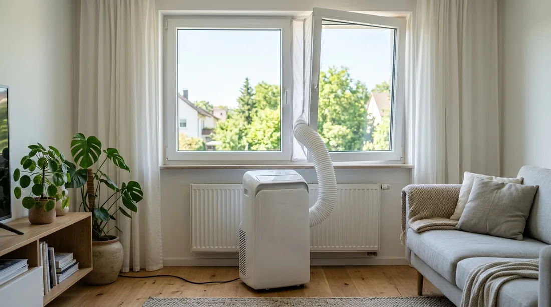 Mobiles Klimagerät mit Abluftschlauch am weit geöffneten, textil abgedichteten Fenster eines hellen Wohnraums
