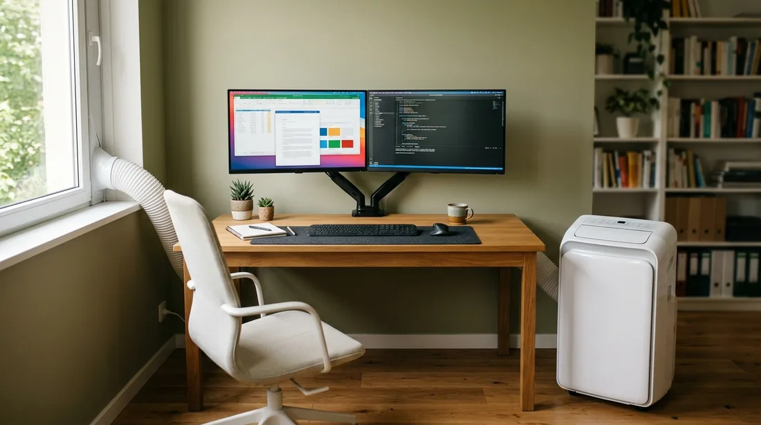 Arbeitsplatz im Homeoffice mit zwei Bildschirmen und mobilem Klimagerät daneben