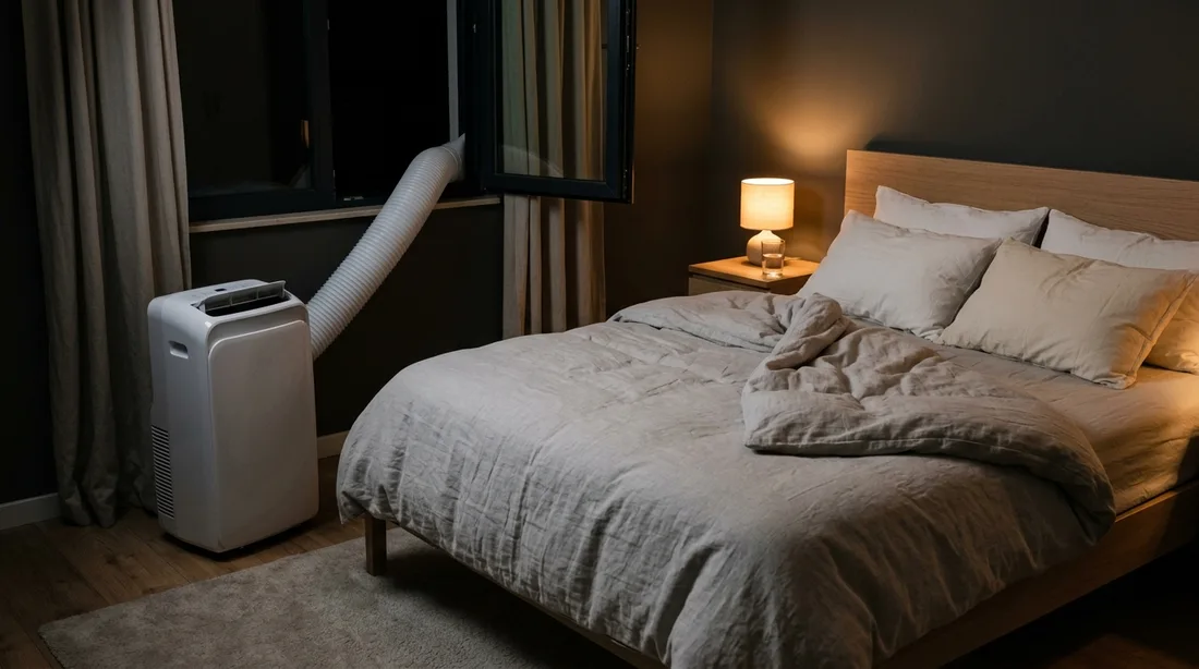 Ruhiges Schlafzimmer bei Nacht mit Klimagerät neben dem Bett