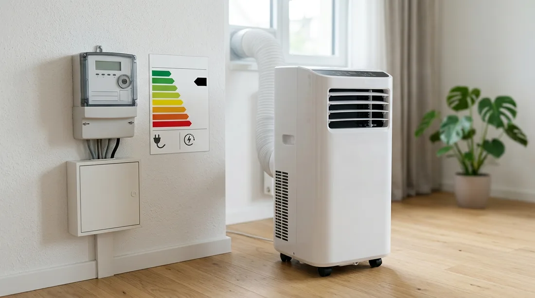 Stromzähler und Energieeffizienzlabel neben einem mobilen Klimagerät